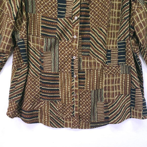 Club Z Collection Brown Geometric Fun Pattern Collar Button Down Blouse Size 1X - Picture 3 of 14